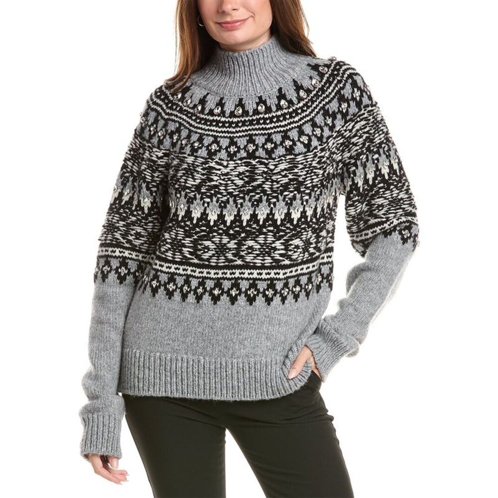 Oscar De La Renta Womens Fairisle Floats Wool-Blend Turtleneck Sweater, Black
